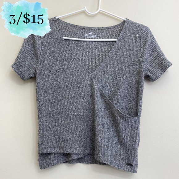 Hollister Tops - Gray Ribbed Hollister Short Sleeve Surplice Top